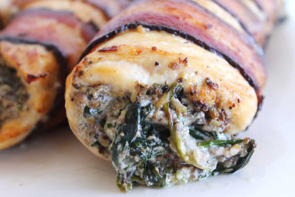 bacon wrapped spinach stuffed chicken