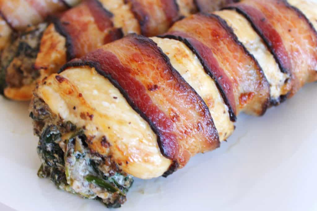 bacon wrapped spinach stuffed chicken