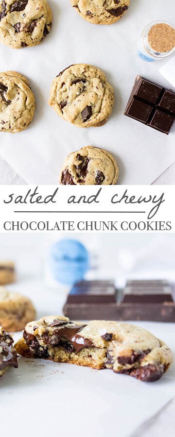 Salted Dark Chocolate Chunk Cookies. Chewy and gooey with melted chocolate. Recipe via MonPetitFour.com