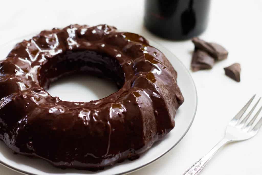 dark chocolate cake with red wine glaze