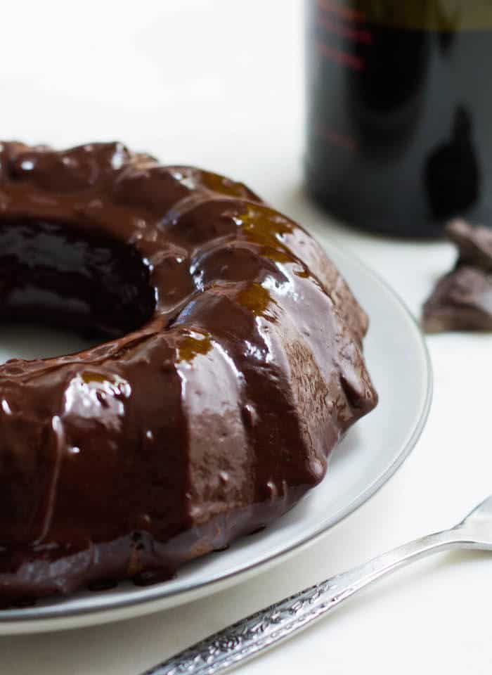 dark chocolate cake with red wine glaze