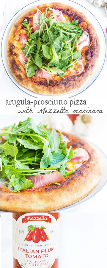 Arugula-Prosciutto Pizza, made with Mezzetta's delicious San Marzano tomato sauce, fresh mozzarella, arugula, prosciutto, and a homemade pizza crust! Recipe via MonPetitFour.com