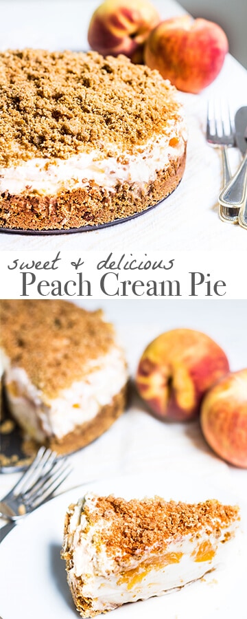 Peach Cream Pie: a peach dessert you can enjoy all year long! Recipe via MonPetitFour.com