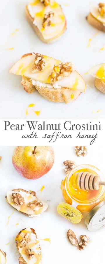 Pear Walnut Crostini with Saffron Honey. Recipe via MonPetitFour.com