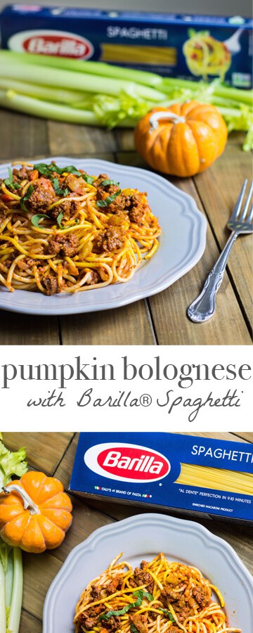 Pumpkin Bolognese Spaghetti: a 30-minute fall meal. Recipe via MonPetitFour.com