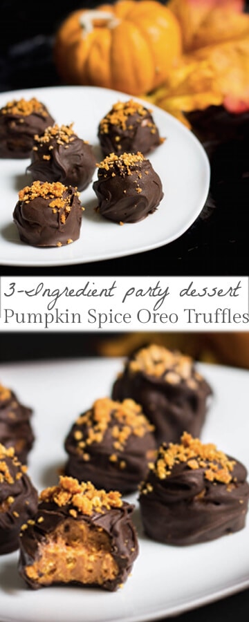 Pumpkin Spice Oreo Truffles: pumpkin Oreo cookie balls dipped in chocolate. A no-bake recipe via MonPetitFour.com