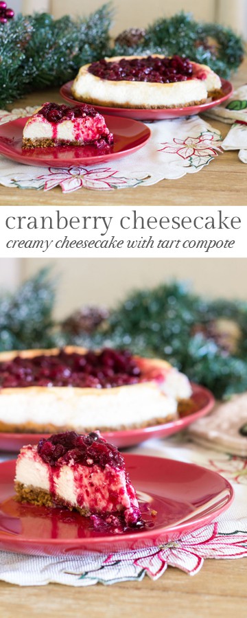 Rich and creamy cranberry cheesecake with a deliciously sweet and tart cranberry compote on top. Recipe via MonPetitFour.com
