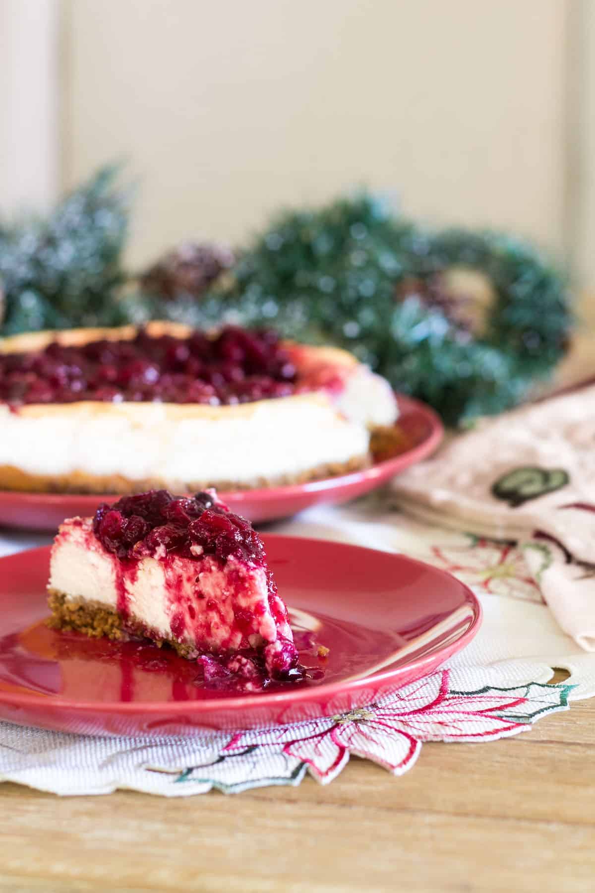 Rich and creamy cheesecake with a deliciously sweet and tart cranberry compote on top. Recipe via MonPetitFour.com