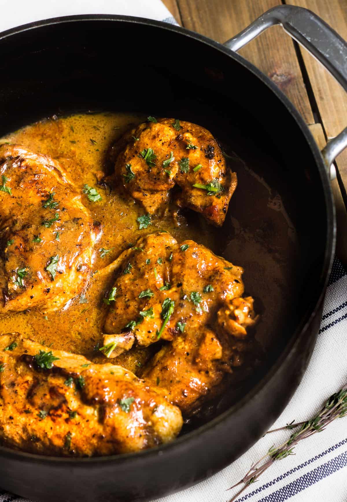 Chicken in Mustard Sauce: A French, one-pot meal that's warm, comforting, and absolutely scrumptious! Recipe via MonPetitFour.com