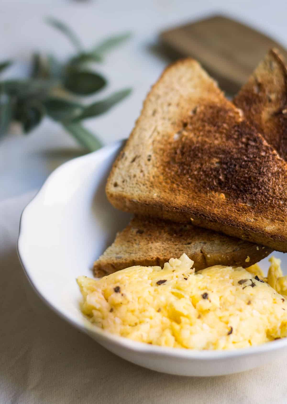 Scrambled Eggs with Truffle. French-style eggs with delicious truffle paste! Recipe via MonPetitFour.com