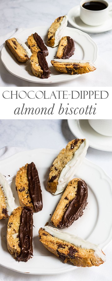 Chocolate-Dipped Almond Biscotti: a crisp almond cookie filled with dark chocolate, orange zest, and almonds. Perfect as a winter dessert, served with a cup of hot coffee. Recipe via MonPetitFour.com