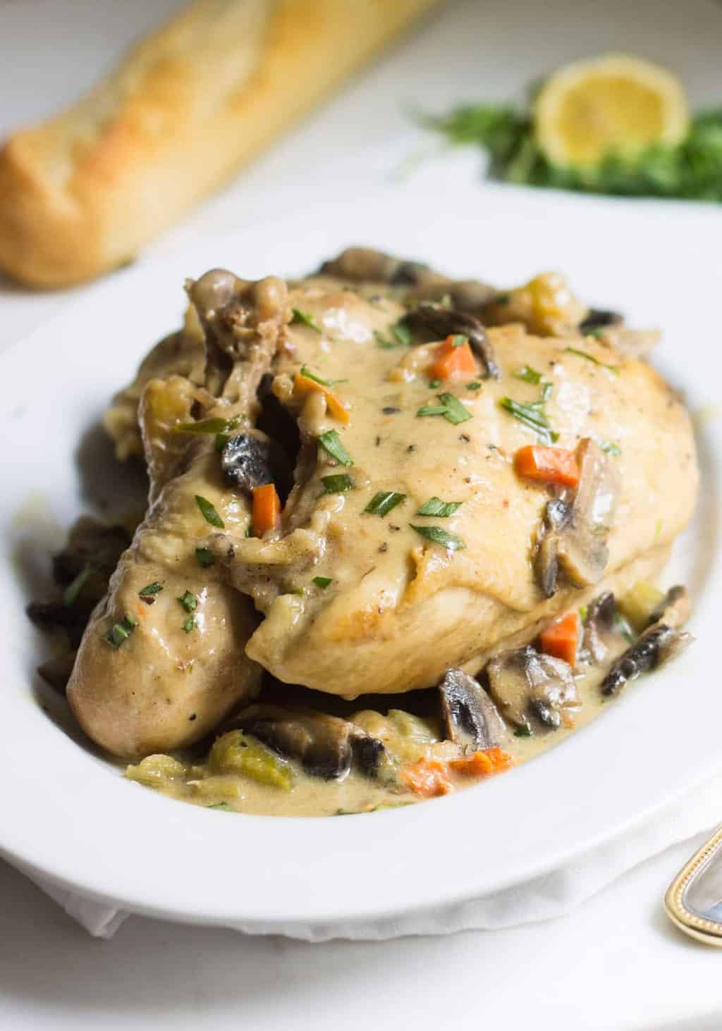 Chicken Fricassee: a one-pot chicken dinner made with mushrooms, tarragon, and a cream sauce. Easy weeknight dinner! Recipe via MonPetitFour.com