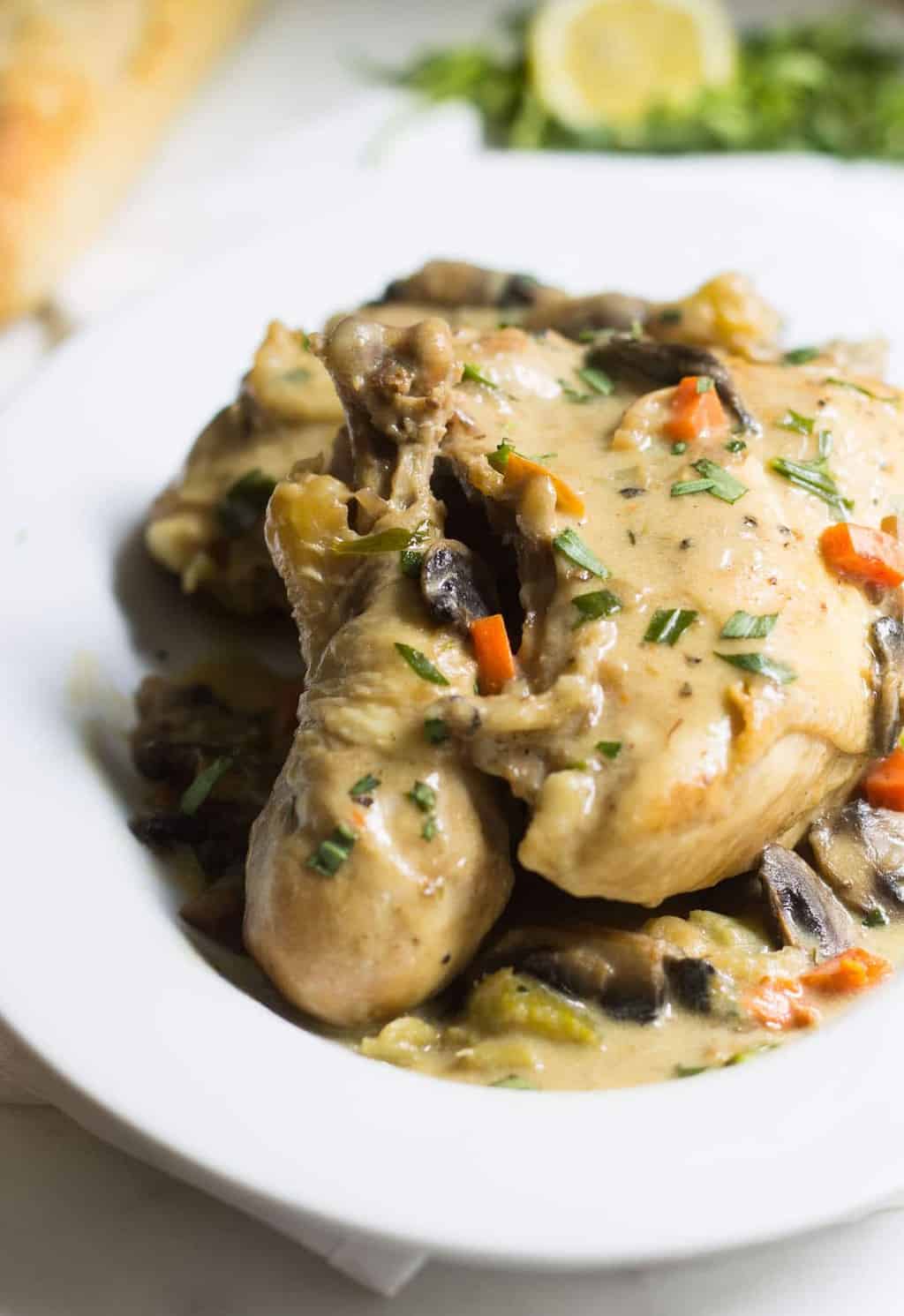 Chicken Fricassee: a one-pot chicken dinner made with mushrooms, tarragon, and a cream sauce. Easy weeknight dinner! Recipe via MonPetitFour.com