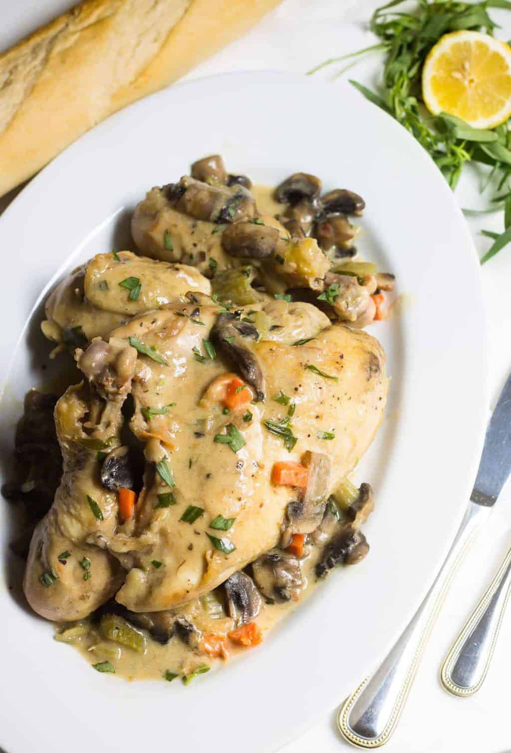Chicken Fricassee: a one-pot chicken dinner made with mushrooms, tarragon, and a cream sauce. Easy weeknight dinner! Recipe via MonPetitFour.com