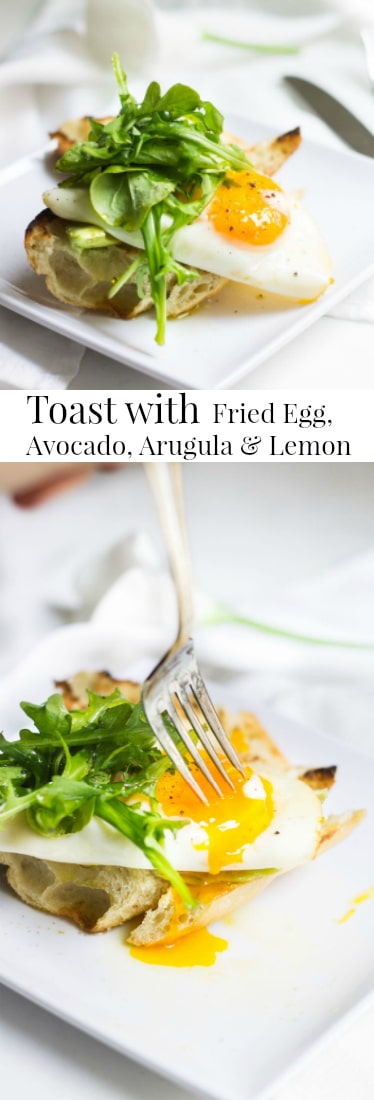 Egg Toast with avocado, arugula, lemon, and olive oil. A perfect breast or lunch! Recipe via MonPetitFour.com