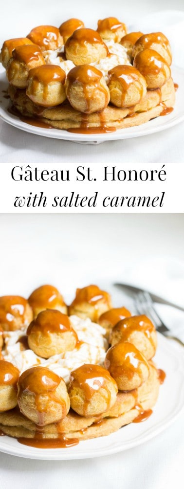 Gateau St. Honore with Salted Caramel! A drool-worthy version made at home, and just a bit easier than the traditional! Recipe via MonPetitFour.com