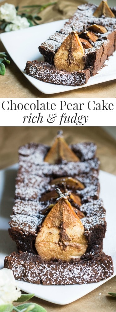 Chocolate Pear Cake: sweet Anjou pears dunked in a rich and fudgy chocolate cake. Recipe via MonPetitFour.com