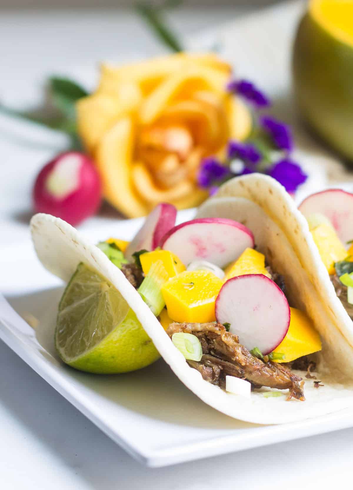 Duck Tacos made in a slow cooker. Tacos given a French twist! Recipe via MonPetitFour.com