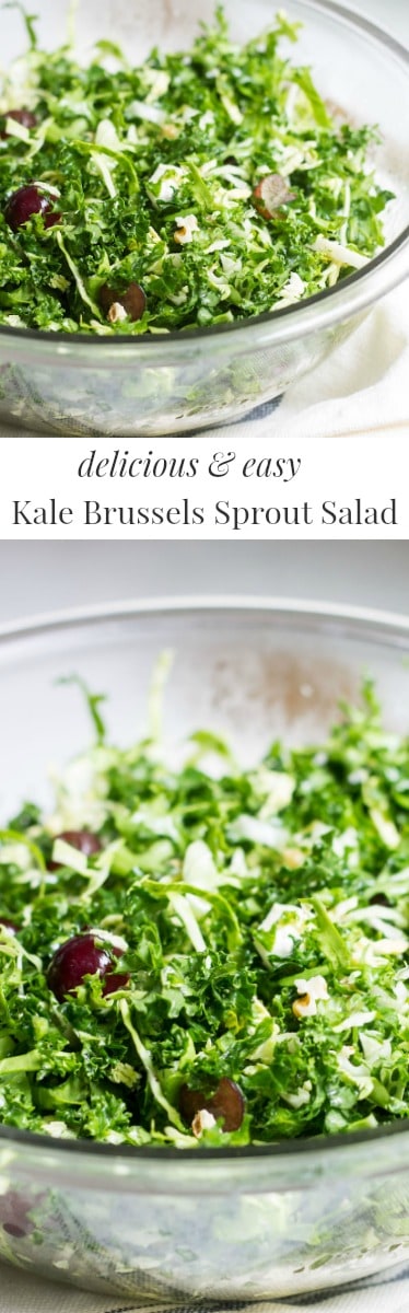 Kale Brussels Sprout Salad: A delicious & healthy, go-to salad to enjoy on its own or with your favorite entrée! Recipe via MonPetitFour.com