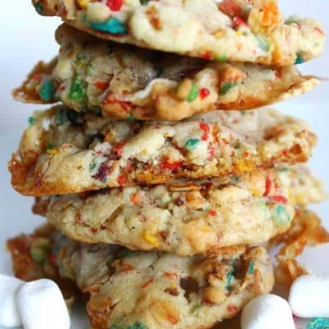 stack of fruity pebble cookies close up shot