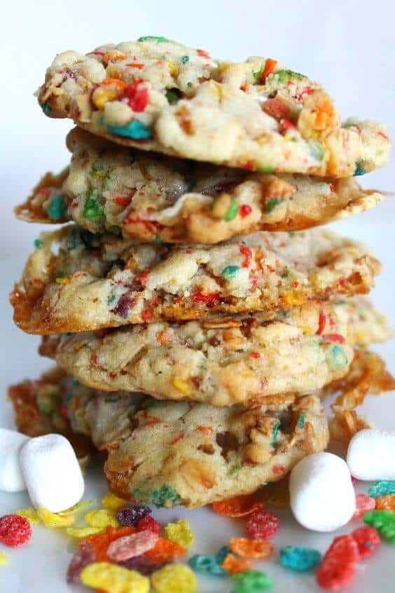 stack of fruity pebble cookies close up shot
