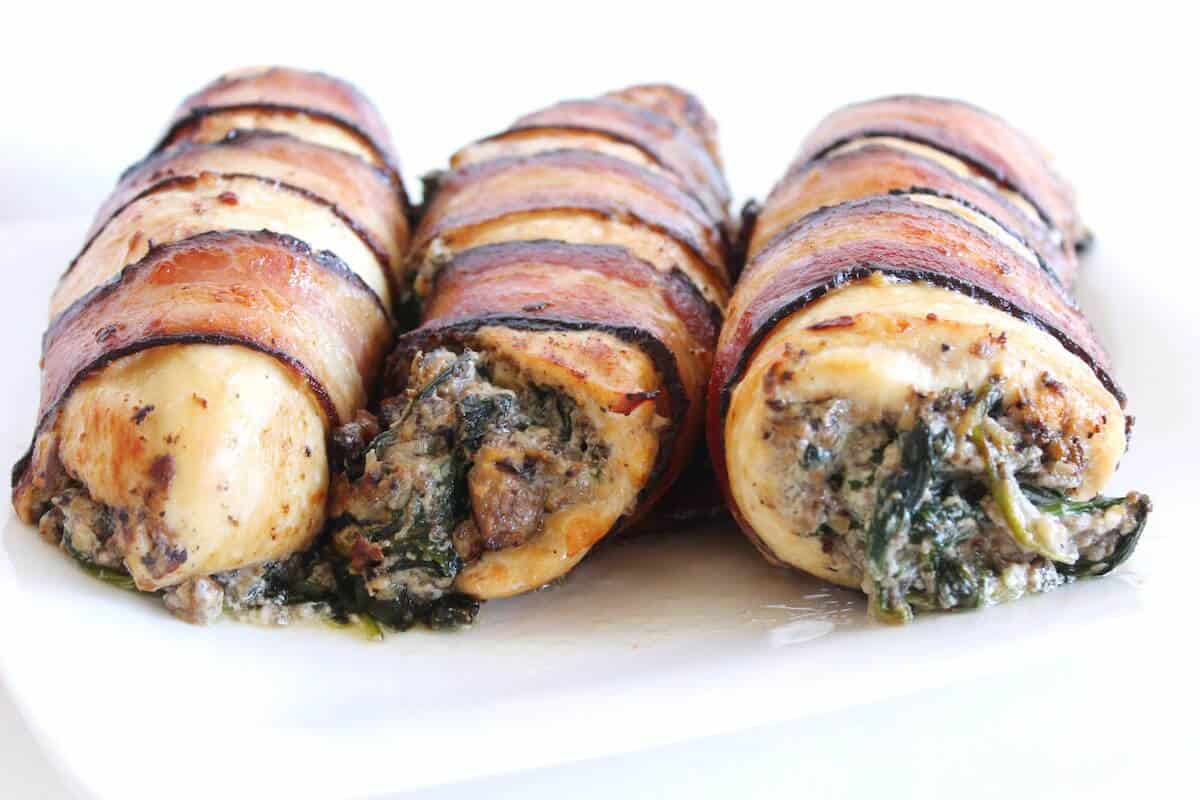 bacon wrapped spinach stuffed chicken