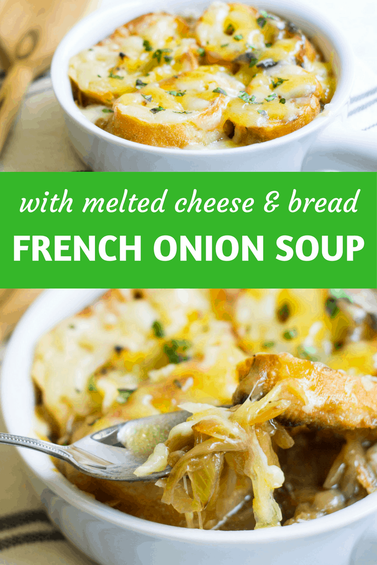 French Onion Soup: a classic & easy bistro soup made with caramelized onions, beef broth, French bread, and melted cheese. Recipe via MonPetitFour.com