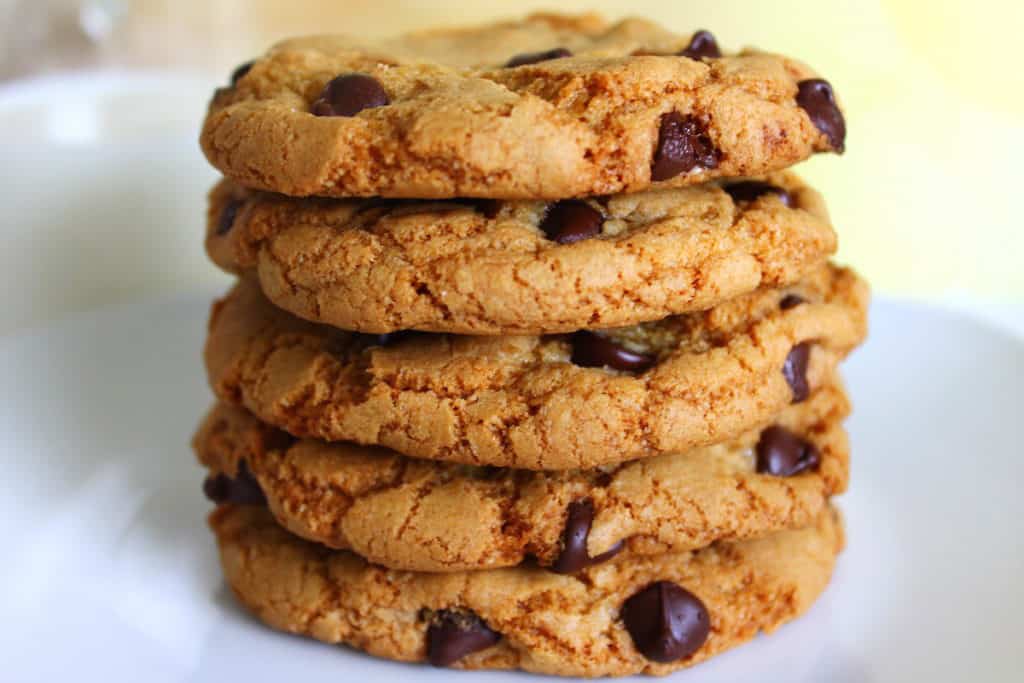 brown butter chocolate chip cookies stacked on top of each other