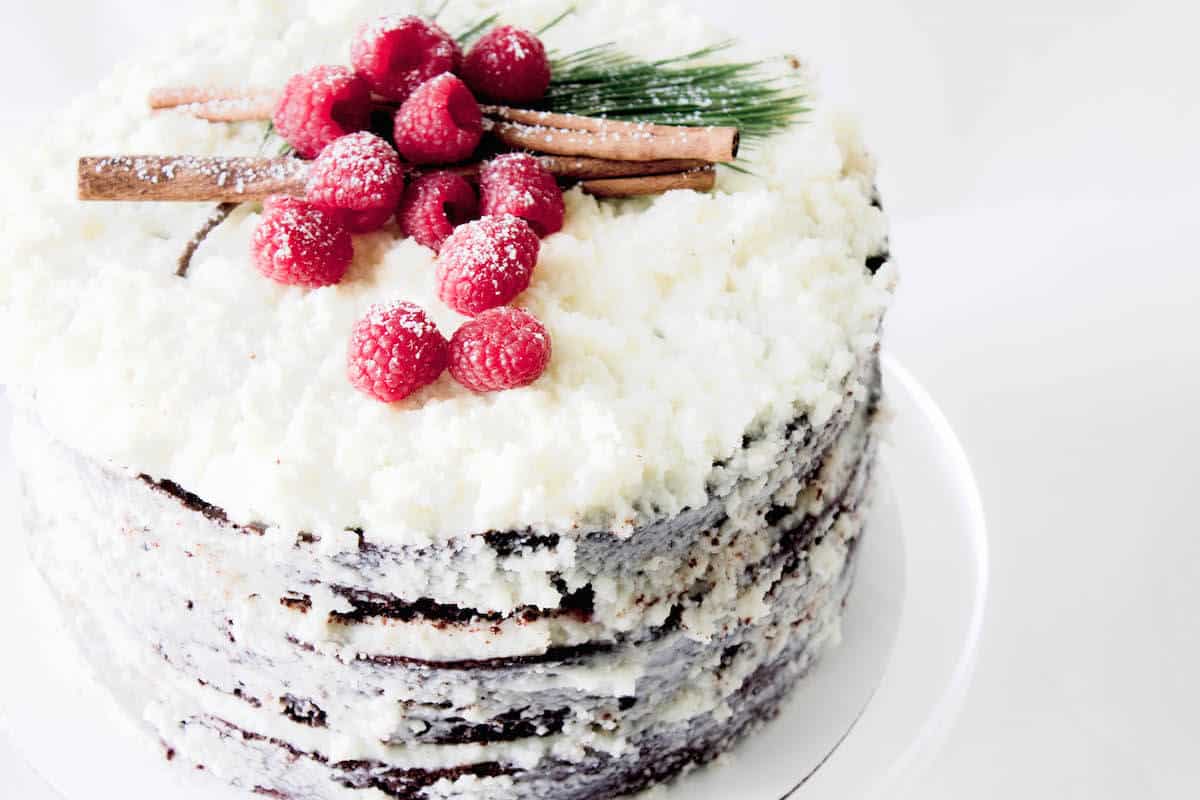 chocolate raspberry cake with mascarpone frosting