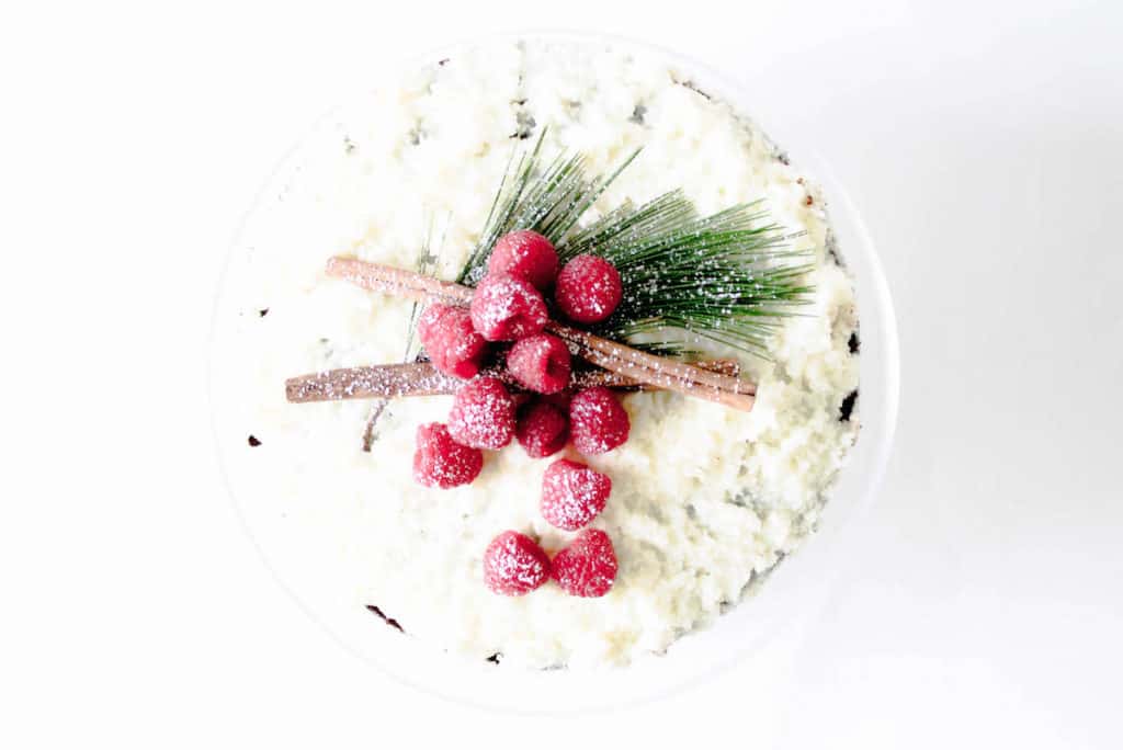 chocolate raspberry cake covered in mascarpone frosting with festive topping