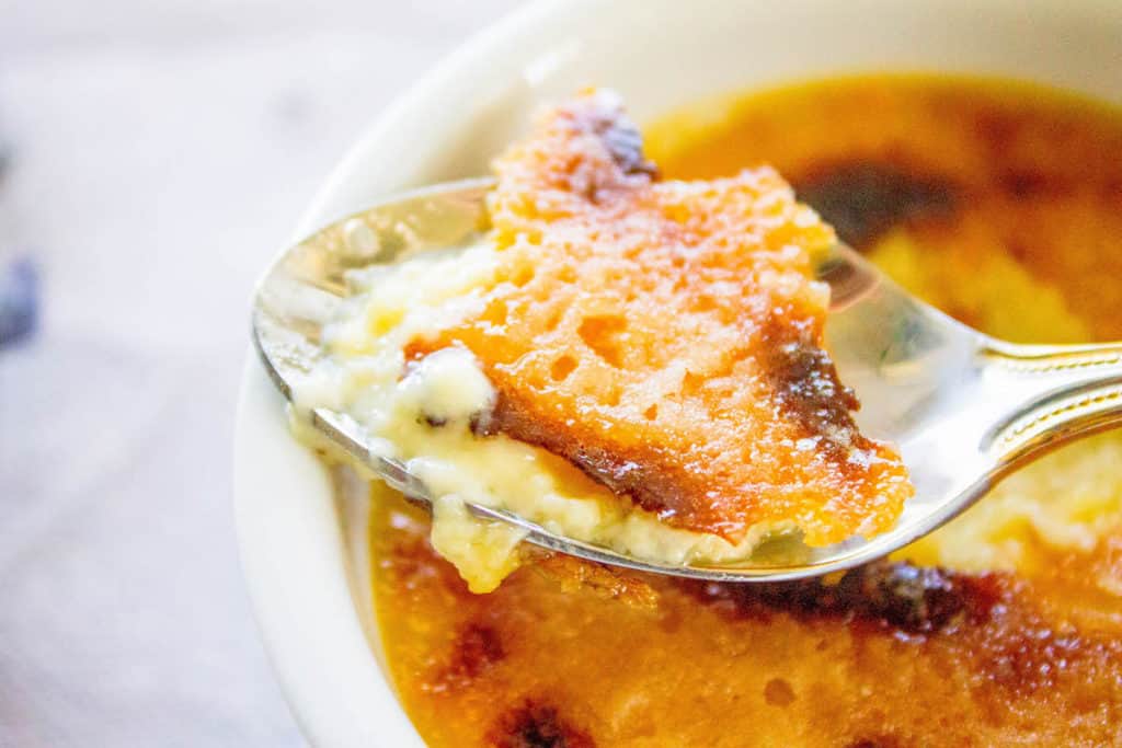lavender creme brulee on a spoon