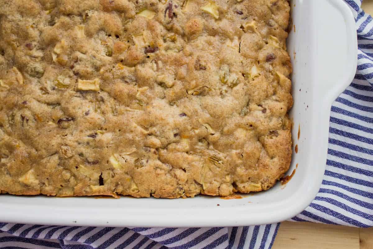 apple spice cake in baking dish close-up shot