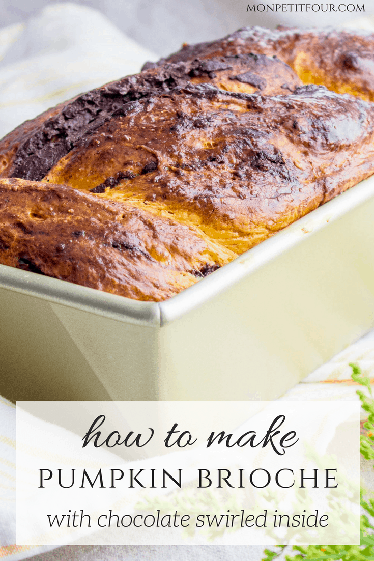 Make this buttery, French brioche bread at home! Flavored with pumpkin and gooey, melted chocolate swirled inside, this will be a fall favorite for breakfast or a snack! Recipe via MonPetitFour.com