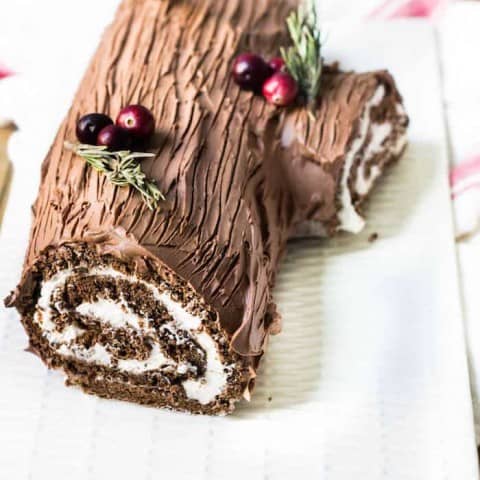 buche de noel cake overhead shot of entire yule log cake