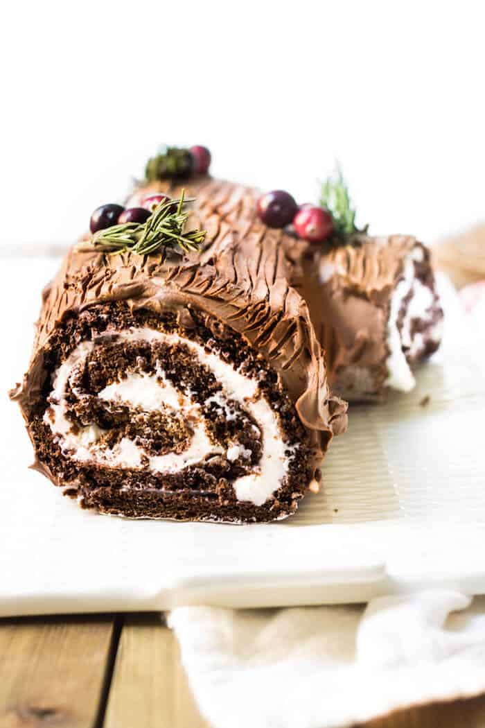 buche de noel cake front facing view of swirled filling