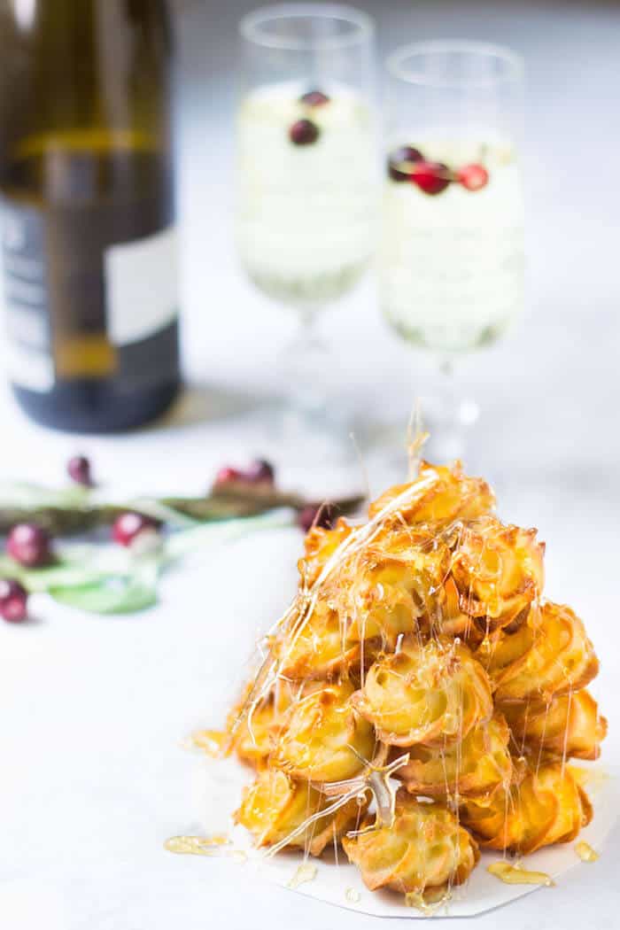 croquembouche tower of cream puffs - portrait image