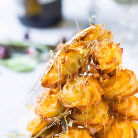 croquembouche tower of cream puffs - close up shot
