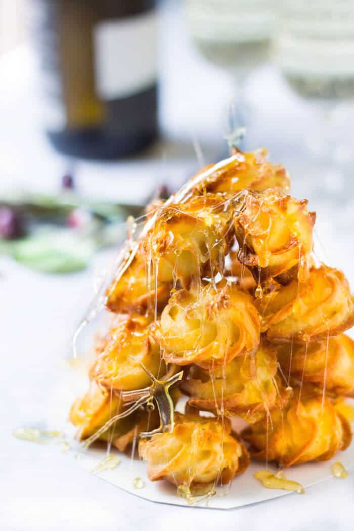 croquembouche tower of cream puffs - close up shot