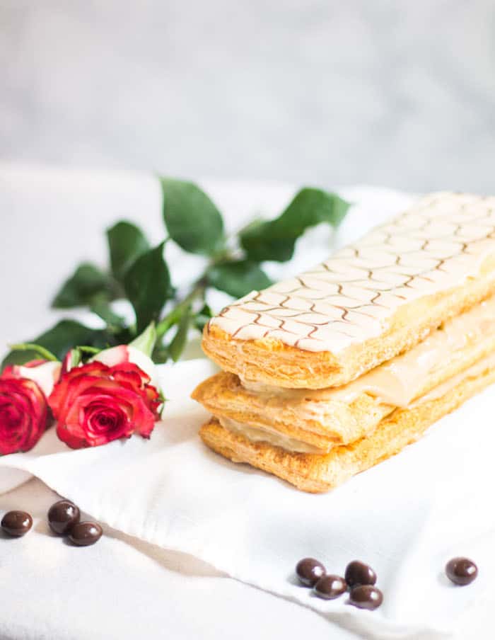 Mille-Feuille Café: coffee-flavored napoleons made with pastry cream and puff pastry. A French dessert recipe via MonPetitFour.com