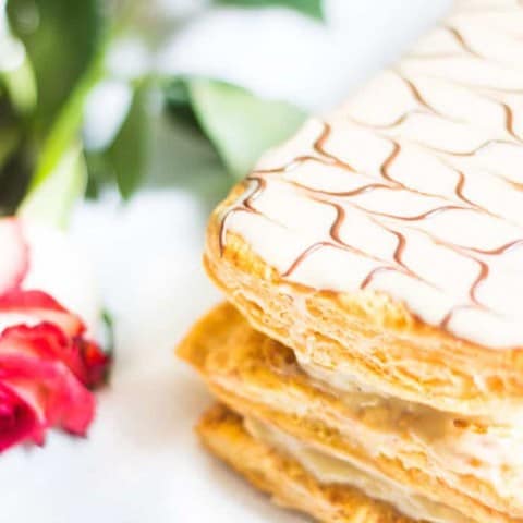 Mille-Feuille Café: coffee-flavored napoleons made with pastry cream and puff pastry. A French dessert recipe via MonPetitFour.com
