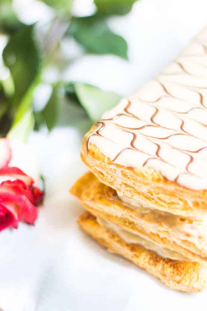 Mille-Feuille Café: coffee-flavored napoleons made with pastry cream and puff pastry. A French dessert recipe via MonPetitFour.com
