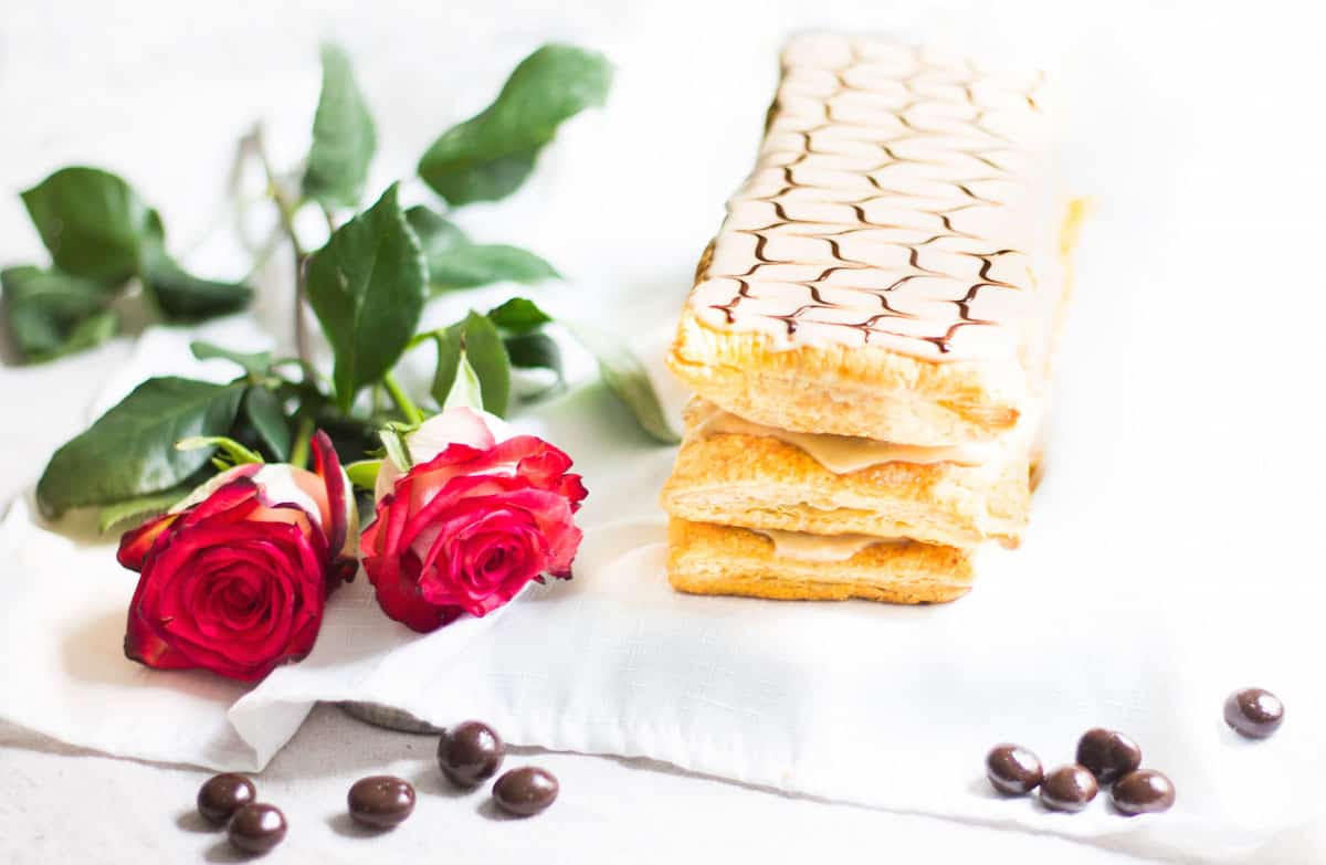 Mille-Feuille Café: coffee-flavored napoleons made with pastry cream and puff pastry. A French dessert recipe via MonPetitFour.com