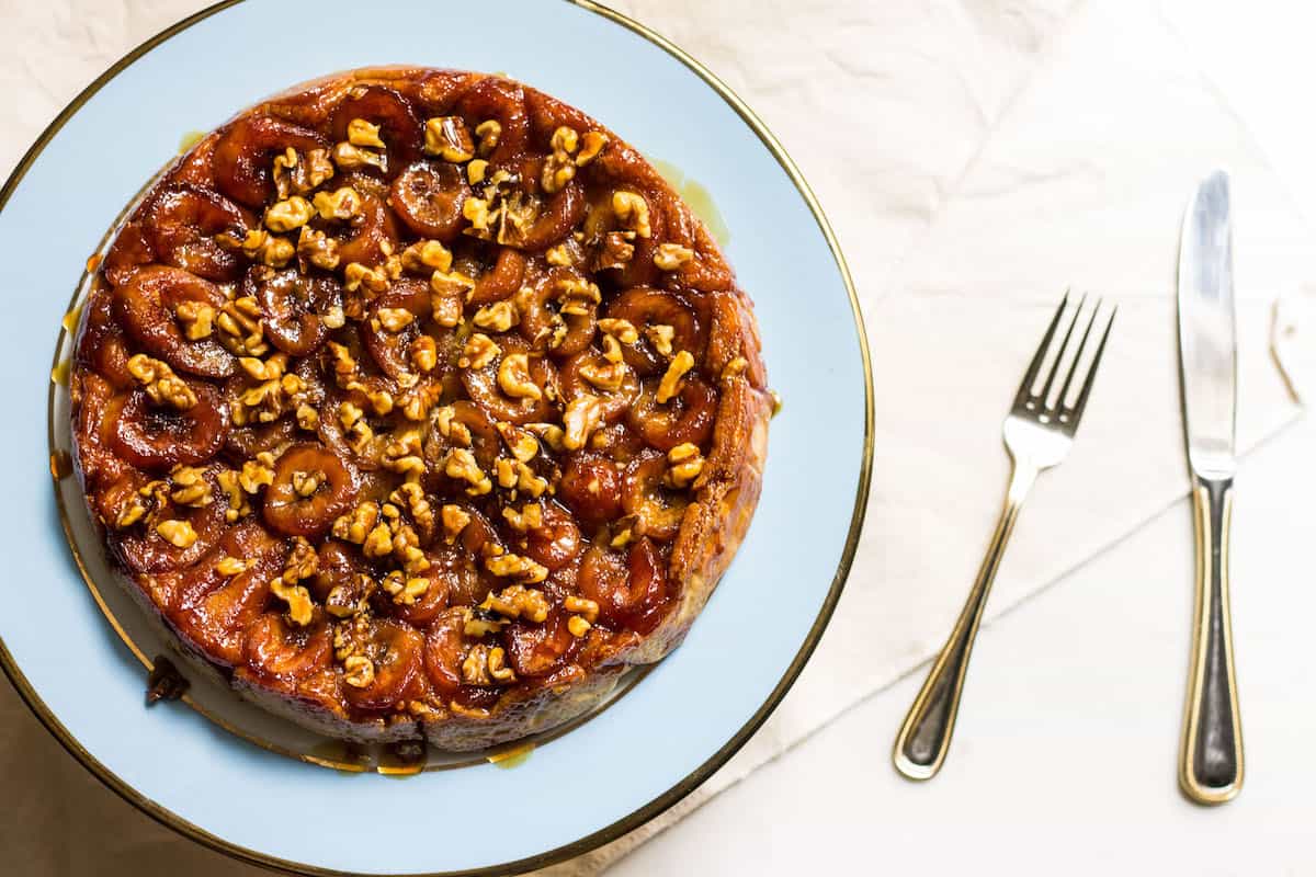 Banana Tarte Tatin: caramelized bananas flipped over a bed of golden pastry. Recipe via MonPetitFour.com