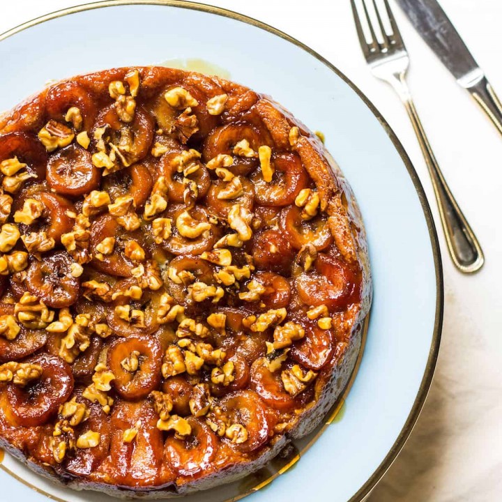 Banana Tarte Tatin: caramelized bananas flipped over a bed of golden pastry. Recipe via MonPetitFour.com