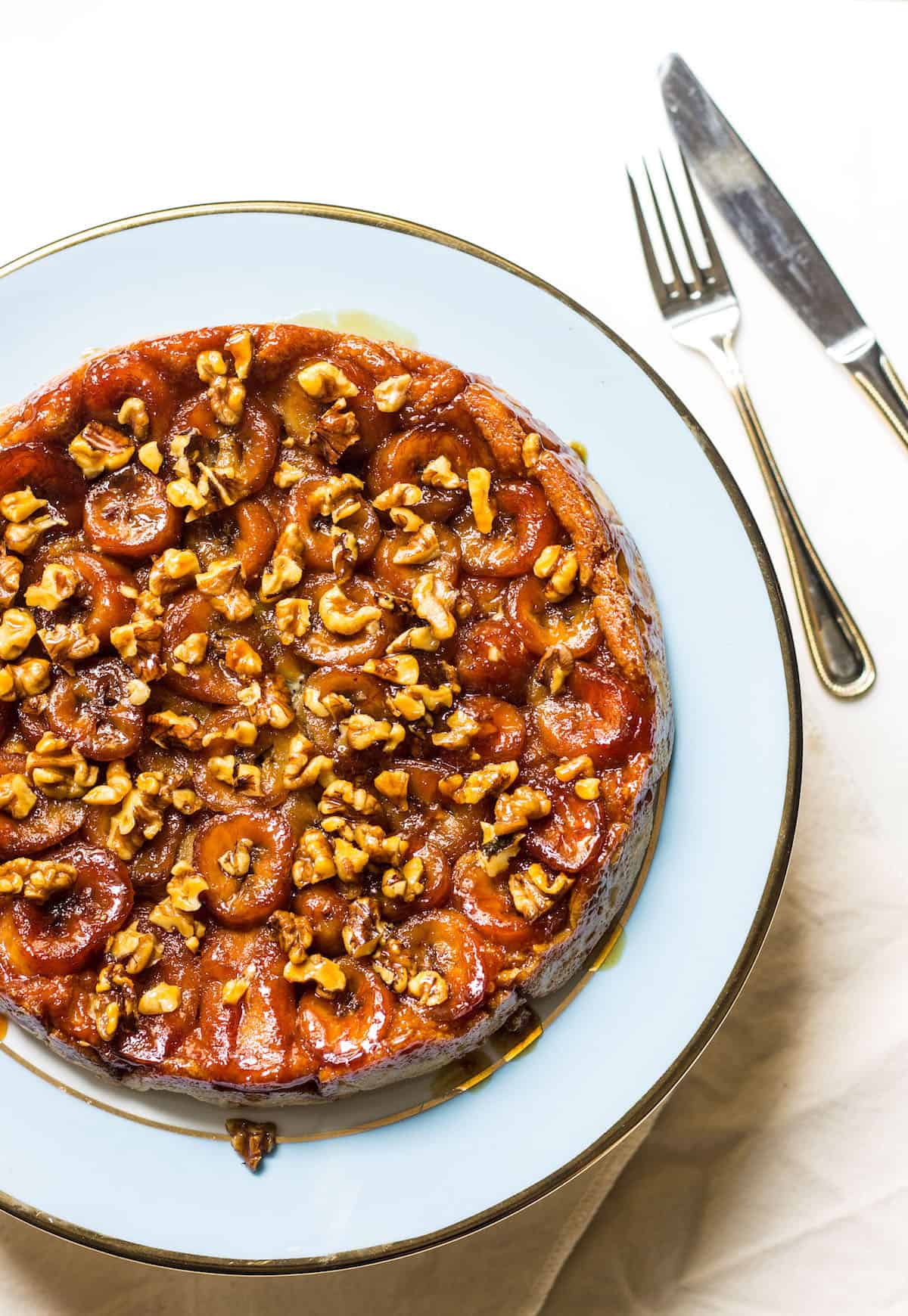 Banana Tarte Tatin: caramelized bananas flipped over a bed of golden pastry. Recipe via MonPetitFour.com