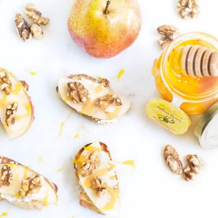 Pear Walnut Crostini with Saffron Honey