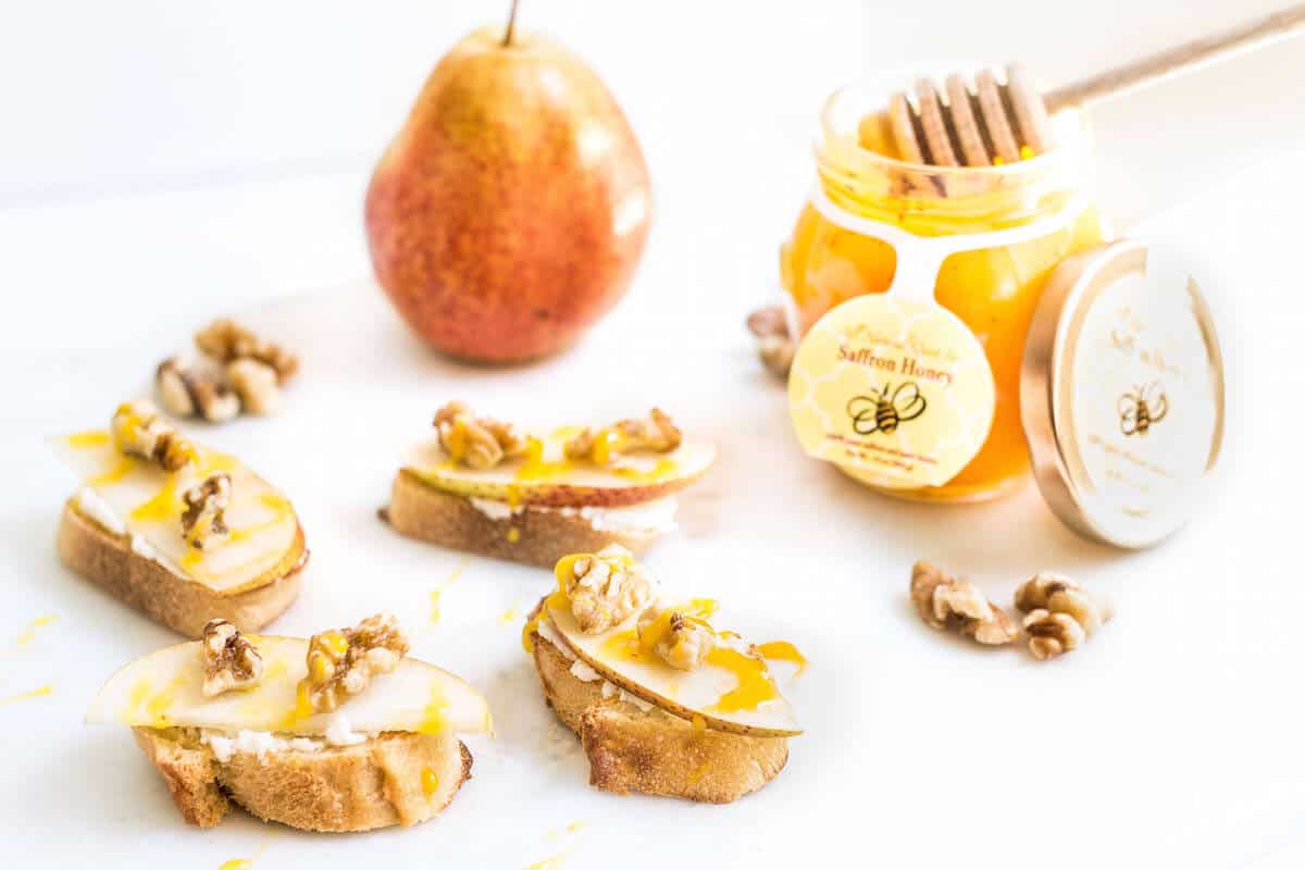 Pear Walnut Crostini with Saffron Honey