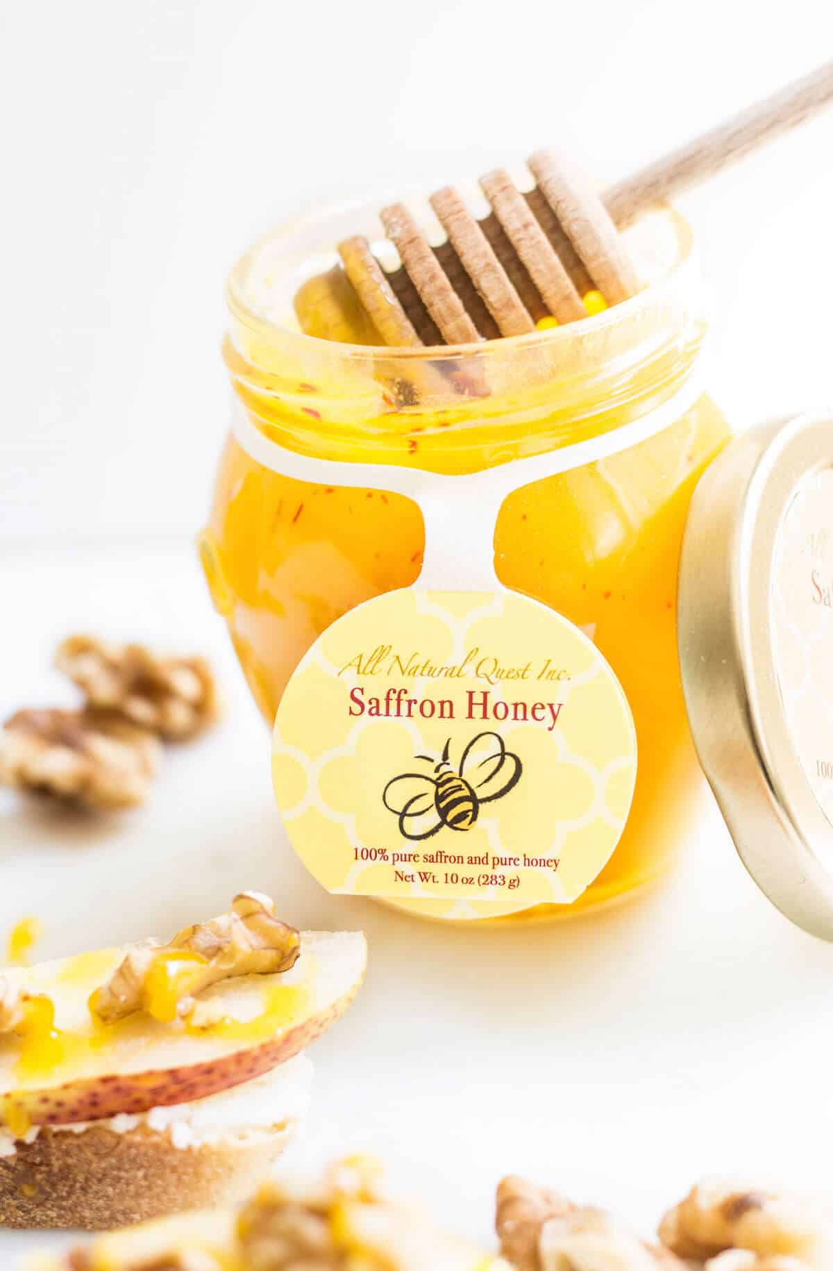 Pear Walnut Crostini with Saffron Honey