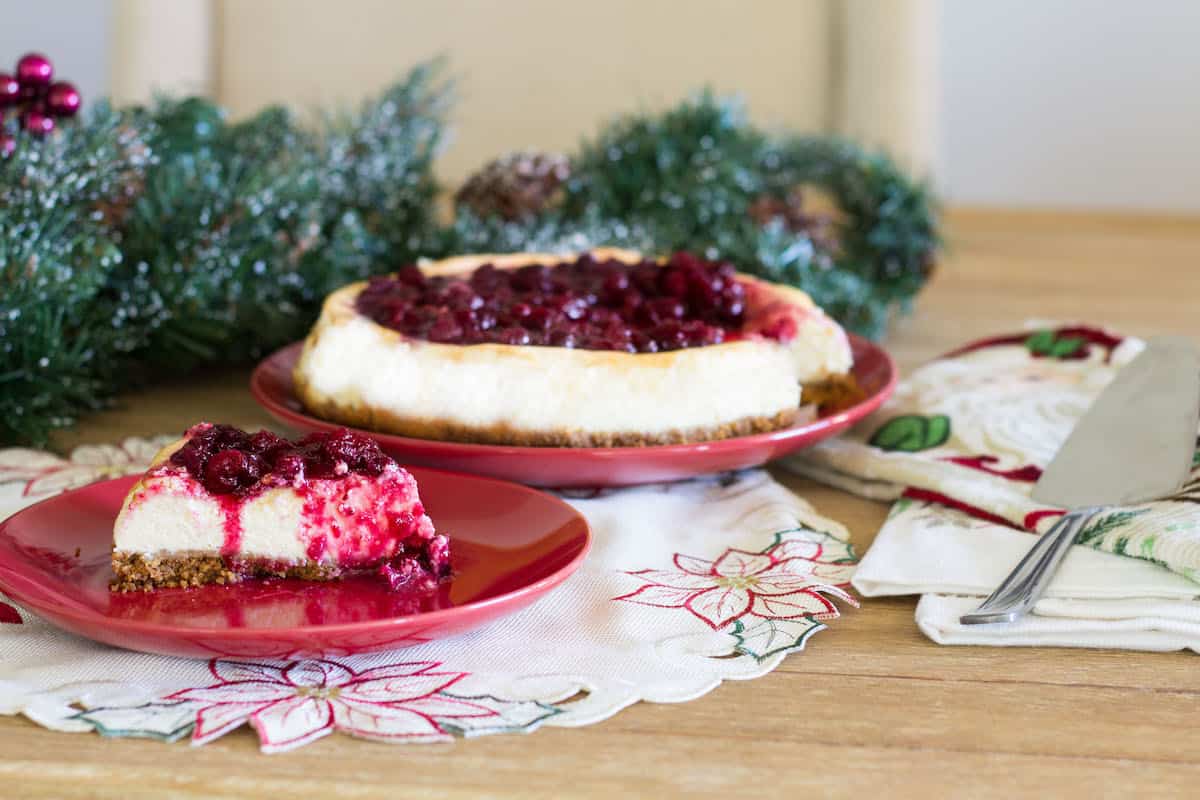 Rich and creamy cranberry cheesecake with a deliciously sweet and tart cranberry compote on top. Recipe via MonPetitFour.com