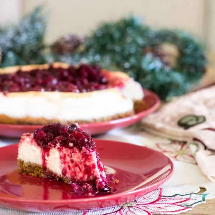 Rich and creamy cheesecake with a deliciously sweet and tart cranberry compote on top. Recipe via MonPetitFour.com
